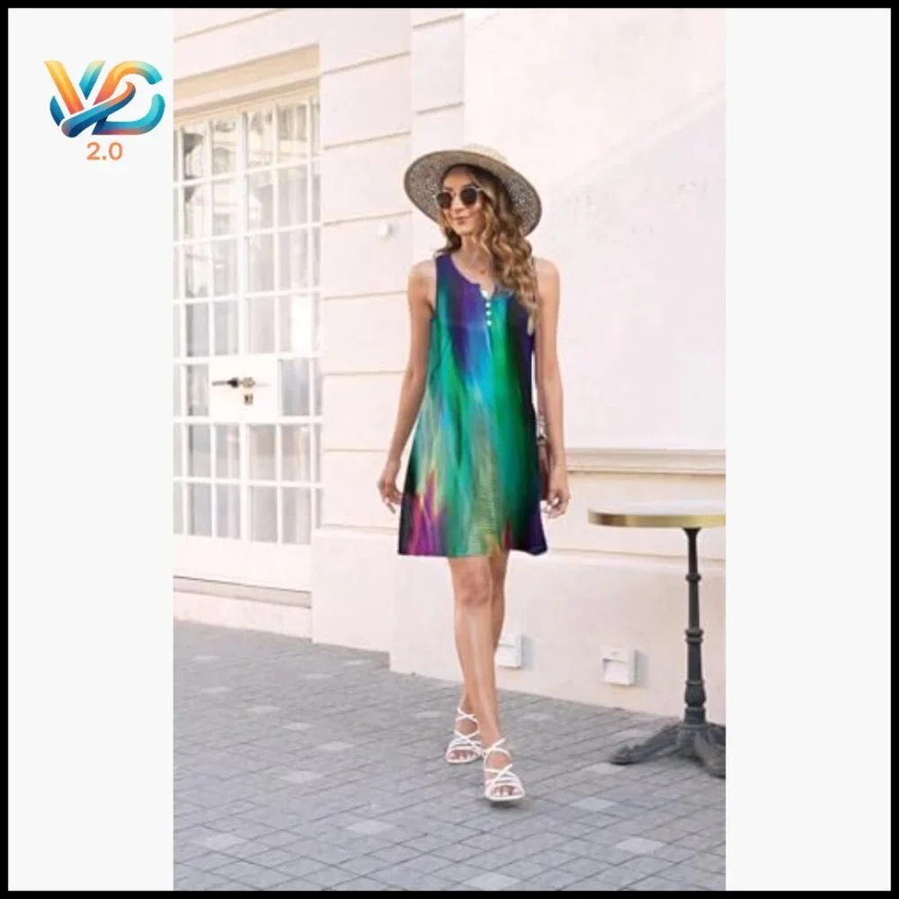 Women's Sleeveless V-Neck A-Line Dress with Pockets, Casual Boho Floral Summer